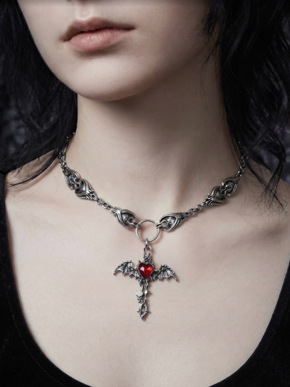 Hand Crafted Gothic Bat Wing Cross Necklace